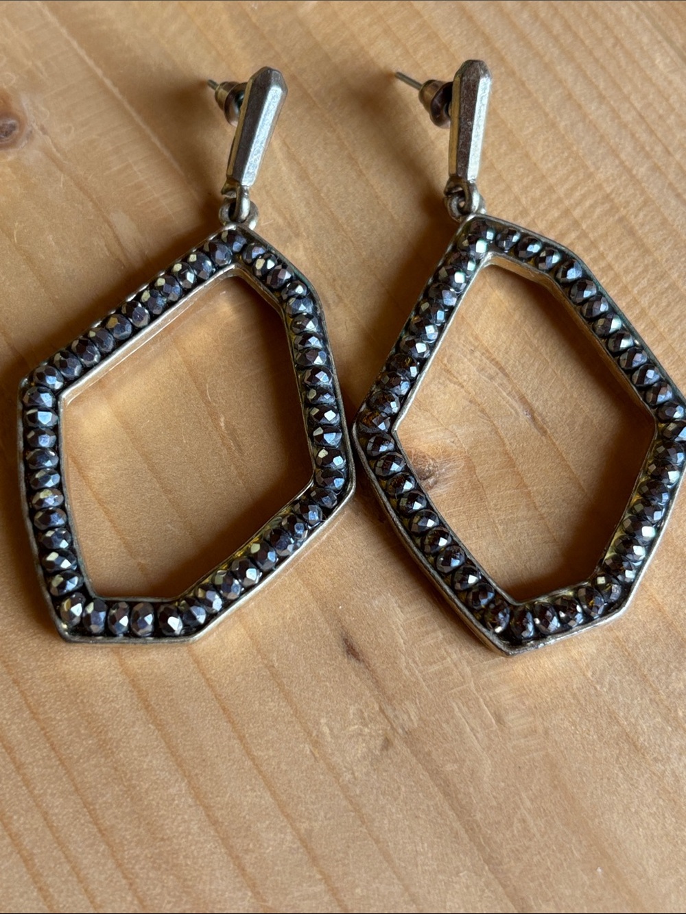 Hexagon Drop Earrings with Hematite Crystals - Silver Tone